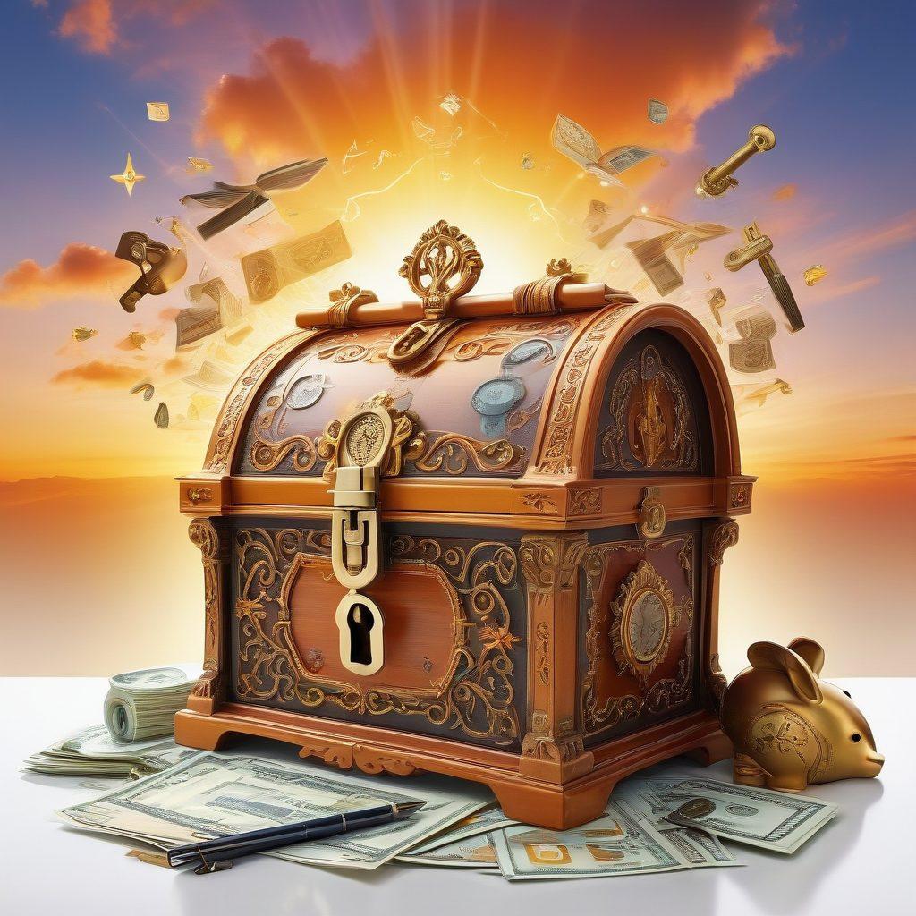 A visually striking collage featuring a key unlocking a glowing treasure chest filled with insurance policy documents and money management guides. Surrounding the chest are symbols of financial security like a shield, piggy bank, and calculator. A serene background with a sunrise symbolizes hope and opportunity. super-realistic. vibrant colors. white background.