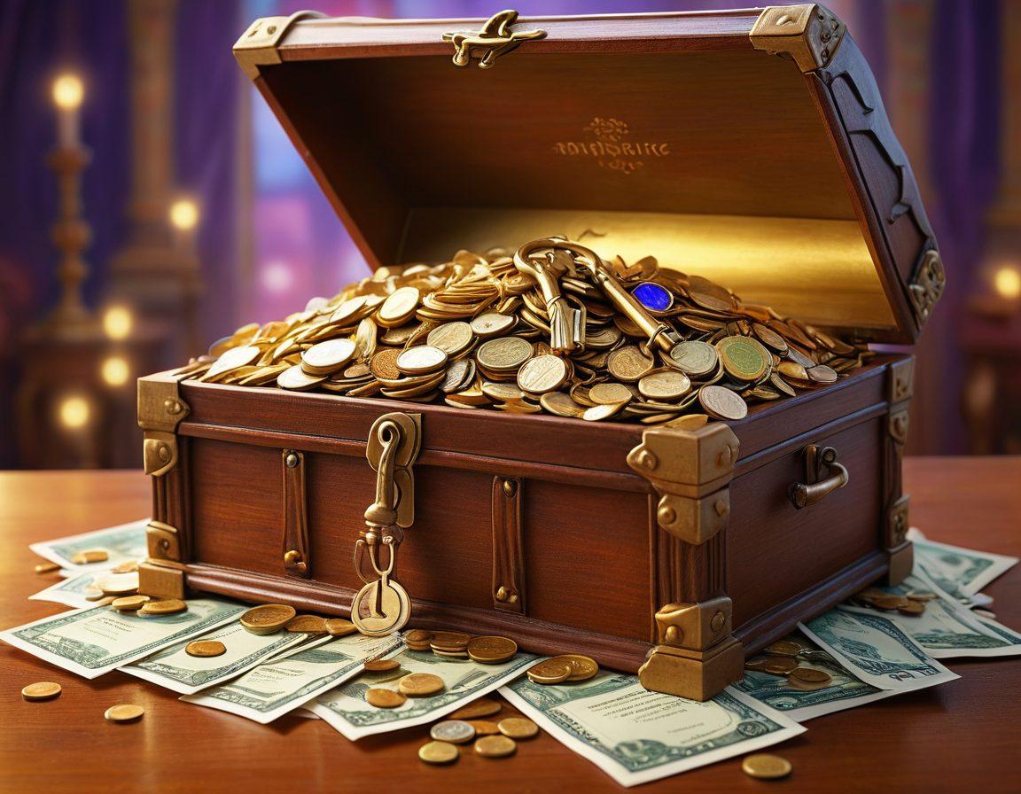 A key unlocking a treasure chest filled with overflowing coins, bills, and colorful grants documents, symbolizing financial aid. In the background, a glowing light represents new opportunities, with subtle images of students and families receiving support. The overall atmosphere is hopeful and vibrant. super-realistic. vibrant colors. soft focus.